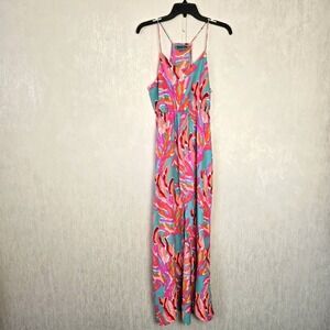 Southern Frock Womens S Maxi Dress Strappy Pink Aqua Tropical Resort Beach Vacay